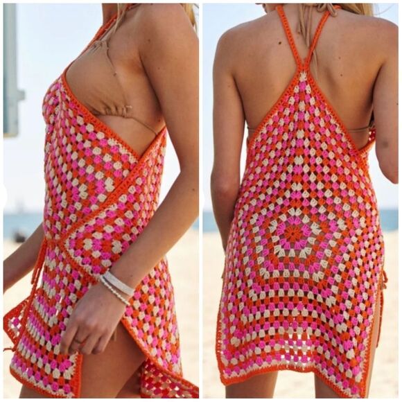 Davi & Dani Multicolor Orange Pink Crochet Halter Layered Wrap Tie Waist Dress - Picture 13 of 13